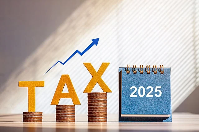 letters that say tax and a calendar that says 2025.