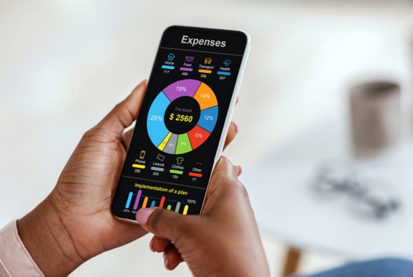 a person looks at a budgeting app on their smartphone.
