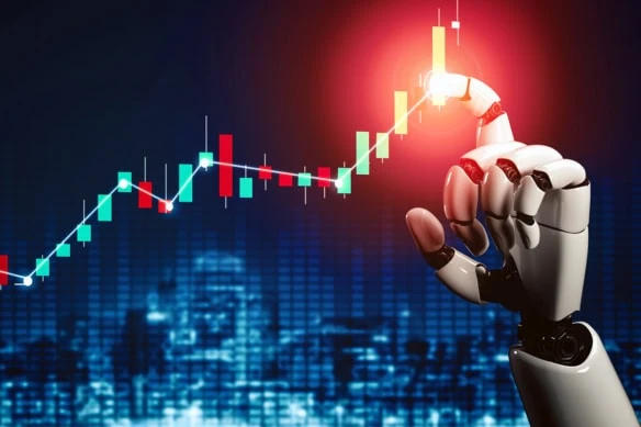 a robot finger traces the upward path of stocks.