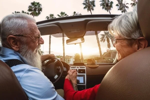 retirement senior car sunset road trip vacation