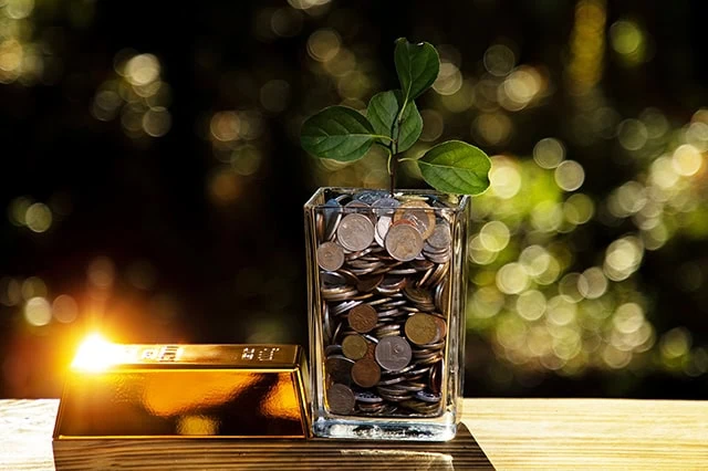 The 7 Best Gold ETFs You Can Buy 7 a gold bar sits next to a glass of coins with a left sprouting out of it.