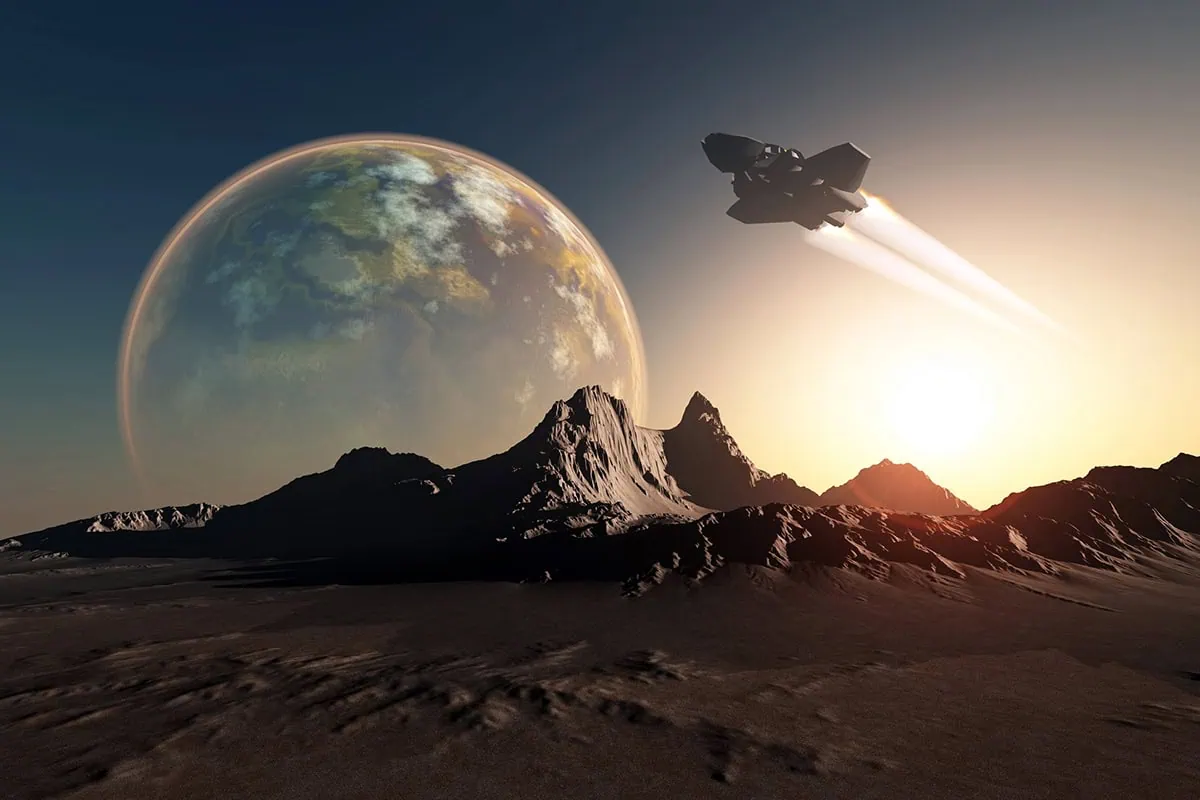 7 Space ETFs for the Next Frontier of Investing 3 Futuristic concept art of a space shuttle on a distant planet.