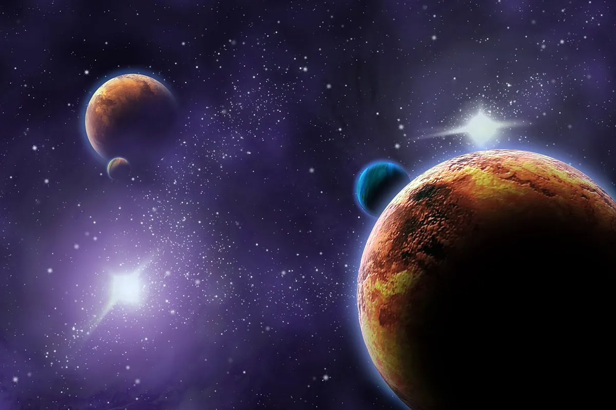 9 Space ETFs for the Next Frontier of Investing 4 Abstract illustration of planets in deep dark space.