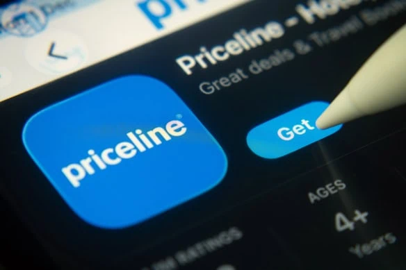 A download prompt for the priceline app, which is owned by booking holdings.