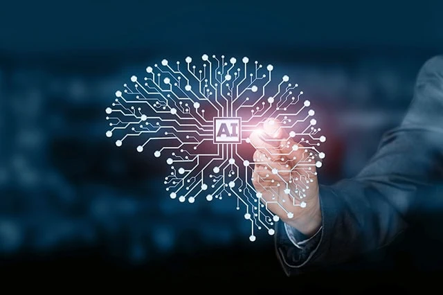 a wireframe brain that says a i inside of it.