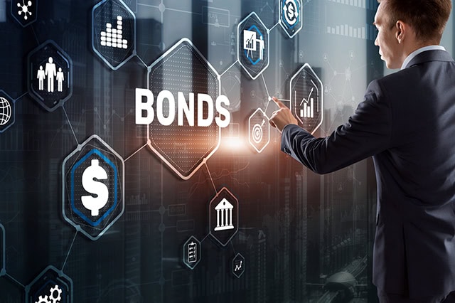 concept art of a businessman clicking the word bonds on a virtual screen.