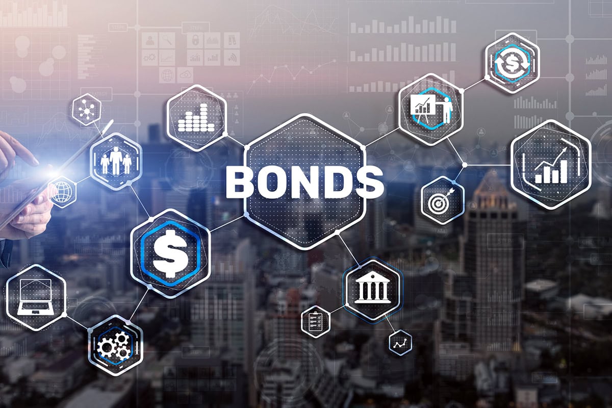 concept image of the word bonds and several icons related to bond investing.