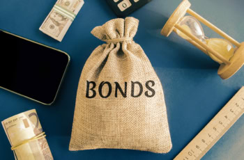 a money bag with the word bonds printed on it.