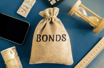 a money bag with the word bonds printed on it.