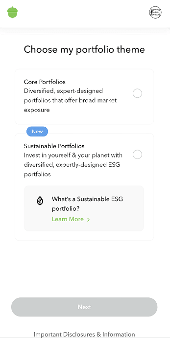 acorns choose portfolio theme sign up