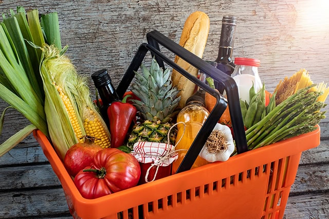 a basket full of groceries.