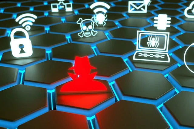 red hacker and white security symbols floating on a black glowing hexagon grid.