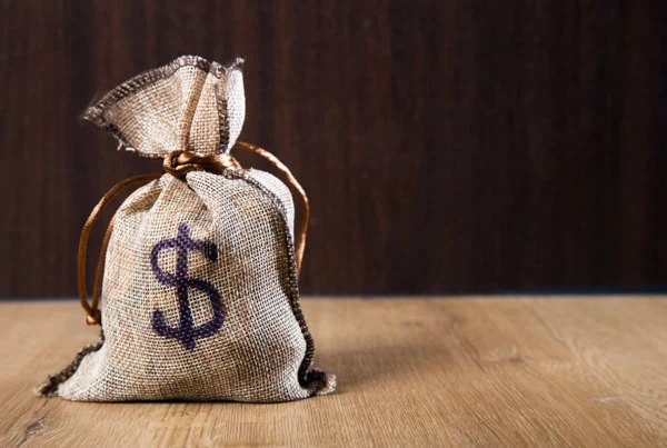 a burlap sack with a dollar sign printed on the front.