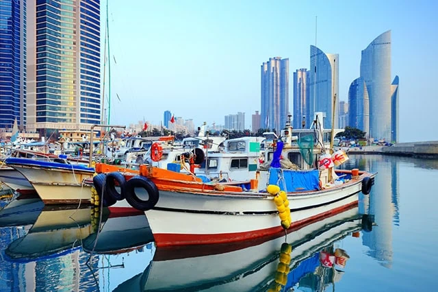 boats are shown in front of skyscrapers in busan south korea.