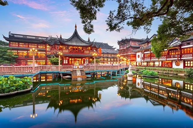 Shanghai China view at the traditional Yuyuan Garden District at night.