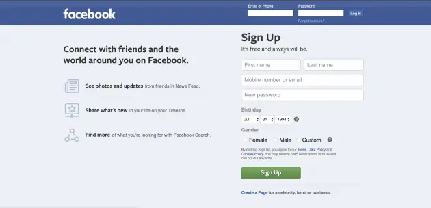 facebook sign up