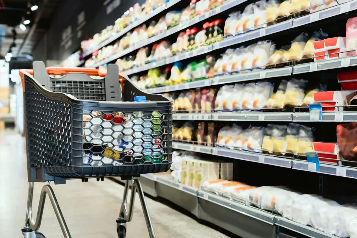 a gray grocery cart sits near a cold-foods aisle.