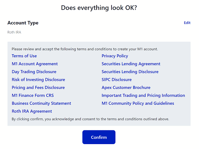 m1 finance roth ira account setup review terms and service step 4