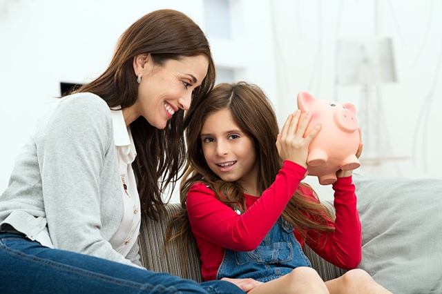 mother daughter child kid savings piggy bank