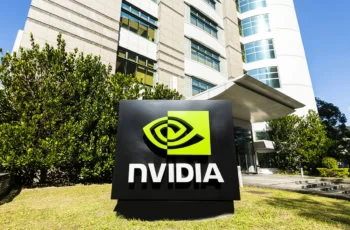 an nvidia sign outside of an office building in taiwan.