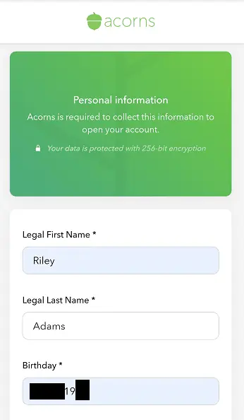 personal information input acorns sign up