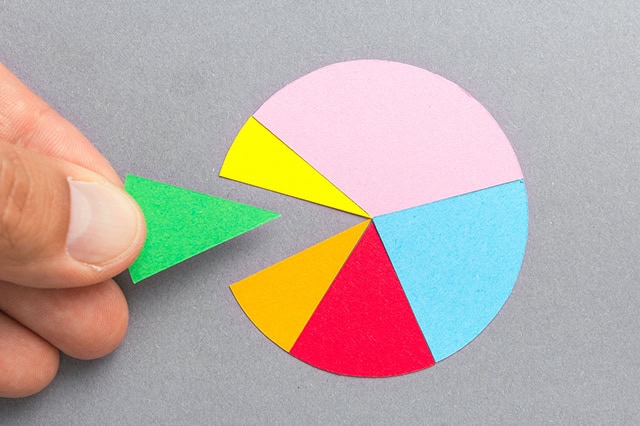 a hand taking a slice of a paper pie chart.