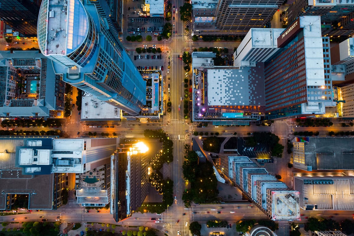 a city shown from above.