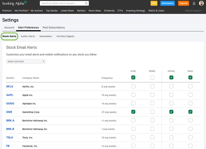 seeking alpha personalized alerts