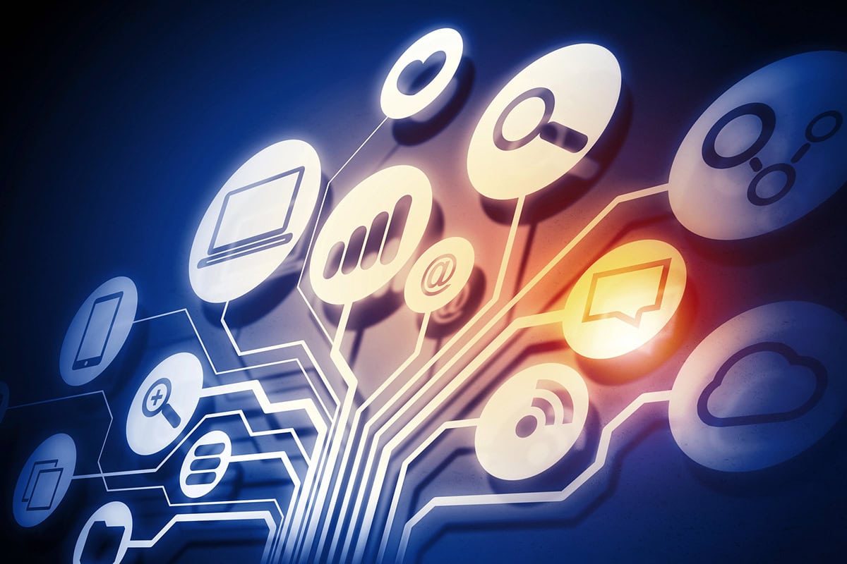 digital background with various icons connected by semiconductor-like extensions.