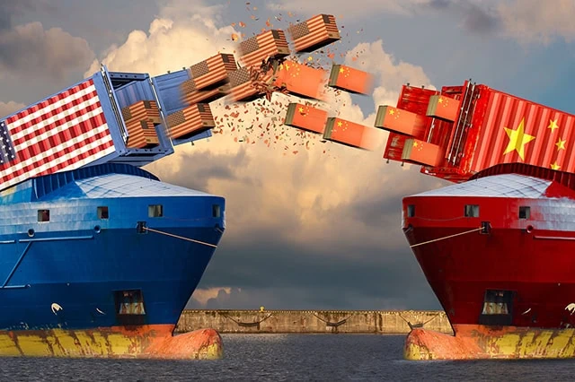 3d illustration of a us cargo boat shooting containers at a chinese cargo boat.
