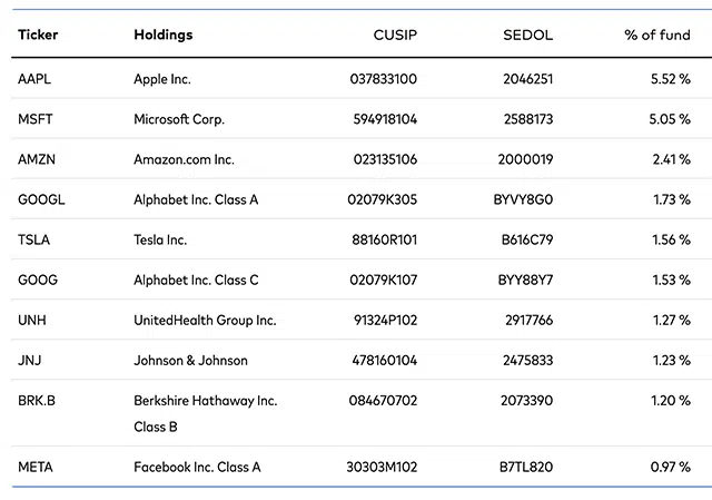 VTSAX VTI top holdings